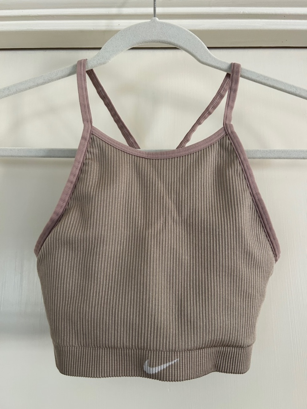Nike Ribbed Purple/Taupe Sports Bra with Pale Pink Trim